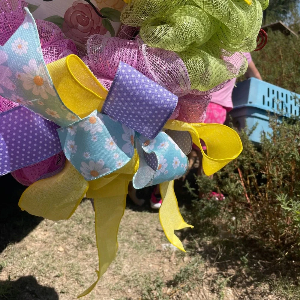 Hello Spring Wreath Door Decor Colorful Floral Flowers Mesh Ribbon‎ Bows